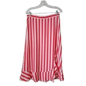NWT XHILARATION Ruffled Trim Skirt Coral Fuchsia White Striped Size M